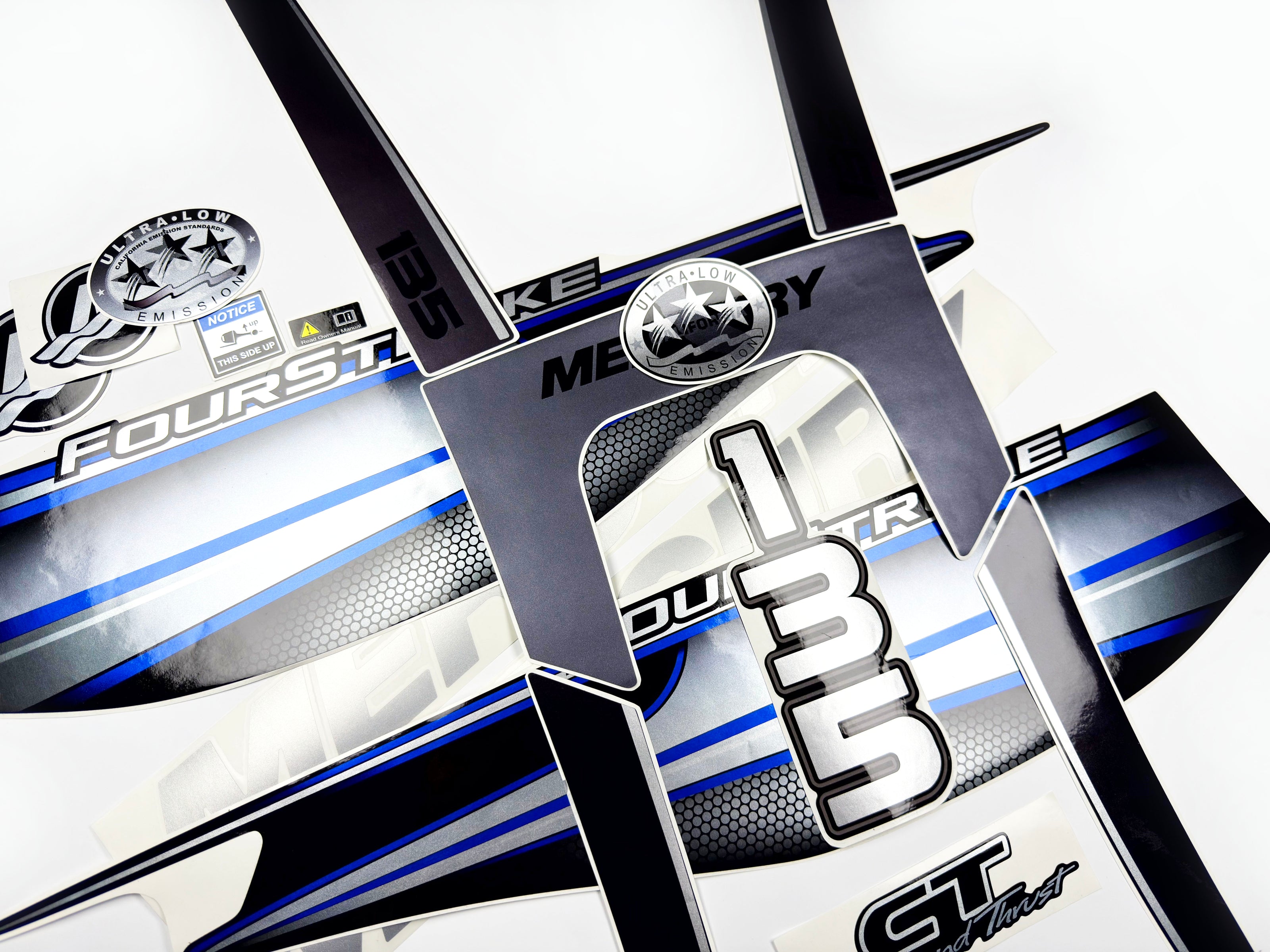 Vinyl graphic silver shimmer blue decals set suitable for Mercury 135 hp four stroke outboard engine. Vinyl silver shimmer stickers kit for Mercury 135 hp four stroke Handmade