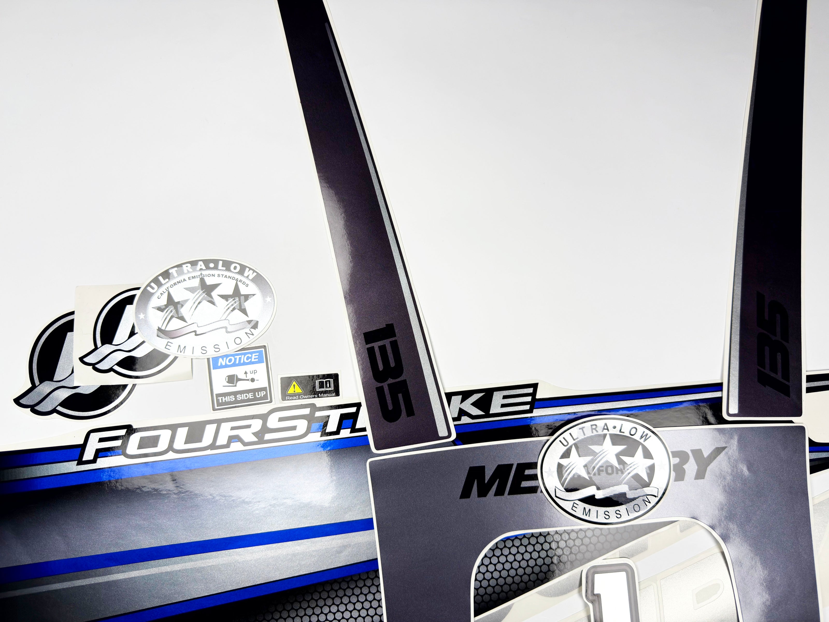 Vinyl graphic silver shimmer blue decals set suitable for Mercury 135 hp four stroke outboard engine. Vinyl silver shimmer stickers kit for Mercury 135 hp four stroke Handmade