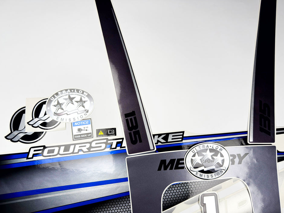 Vinyl graphic silver shimmer blue decals set suitable for Mercury 135 hp four stroke outboard engine. Vinyl silver shimmer stickers kit for Mercury 135 hp four stroke Handmade