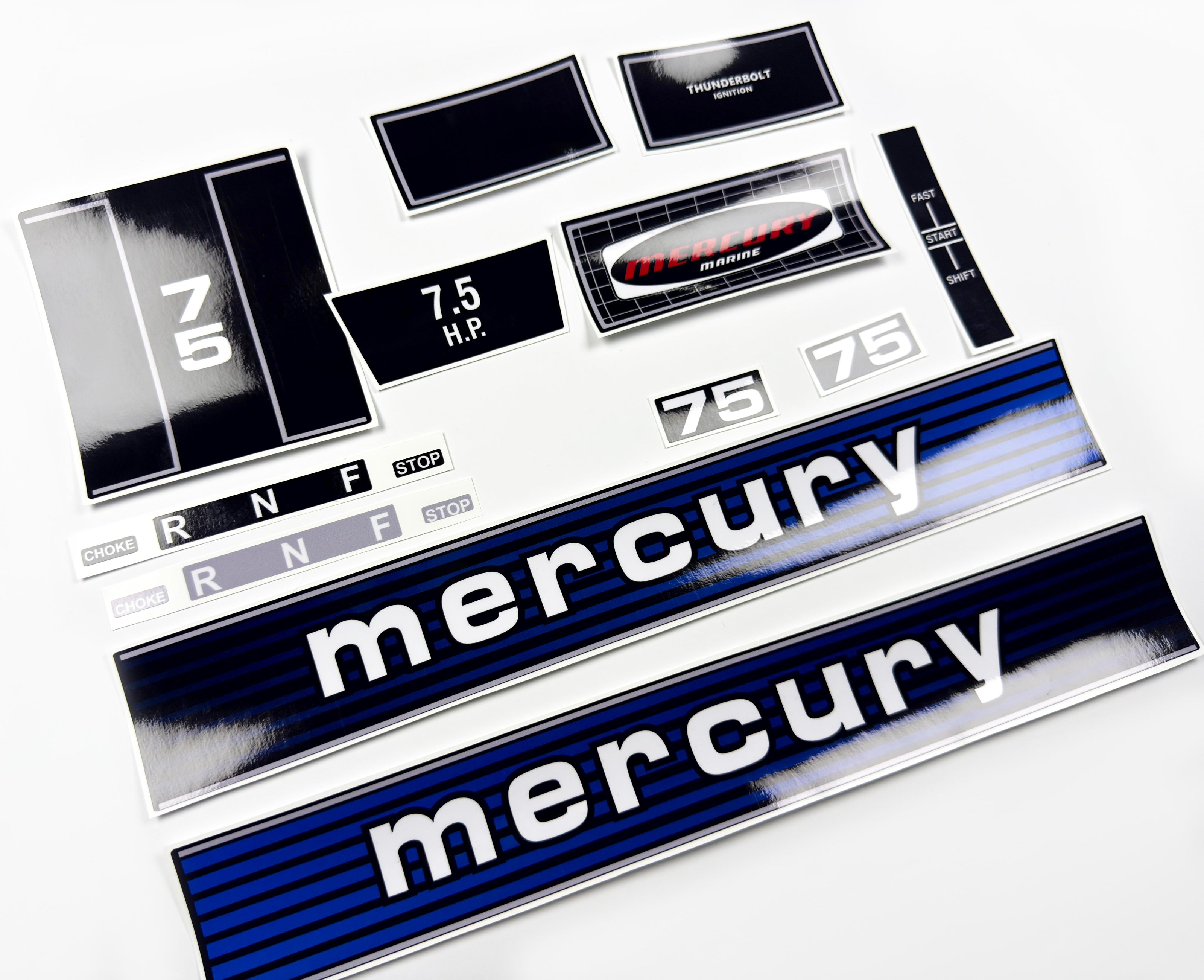Vinyl graphic retro decals set suitable for Mercury 7.5 hp outboard engine. Vinyl stickers kit for Mercury 7.5 hp Handmade