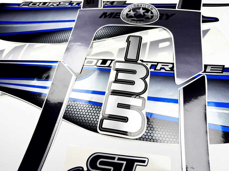 Vinyl graphic silver shimmer blue decals set suitable for Mercury 135 hp four stroke outboard engine. Vinyl silver shimmer stickers kit for Mercury 135 hp four stroke Handmade