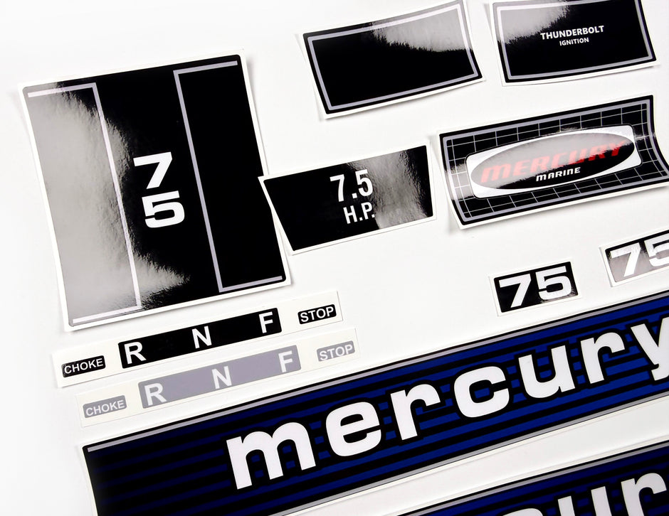 Vinyl graphic retro decals set suitable for Mercury 7.5 hp outboard engine. Vinyl stickers kit for Mercury 7.5 hp Handmade