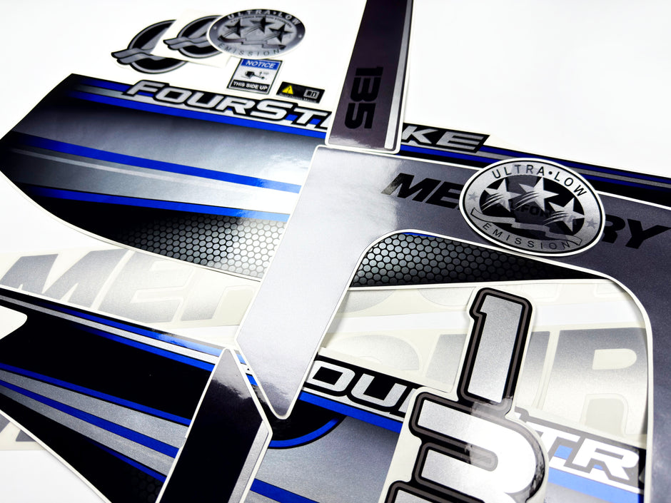 Vinyl graphic silver shimmer blue decals set suitable for Mercury 135 hp four stroke outboard engine. Vinyl silver shimmer stickers kit for Mercury 135 hp four stroke Handmade