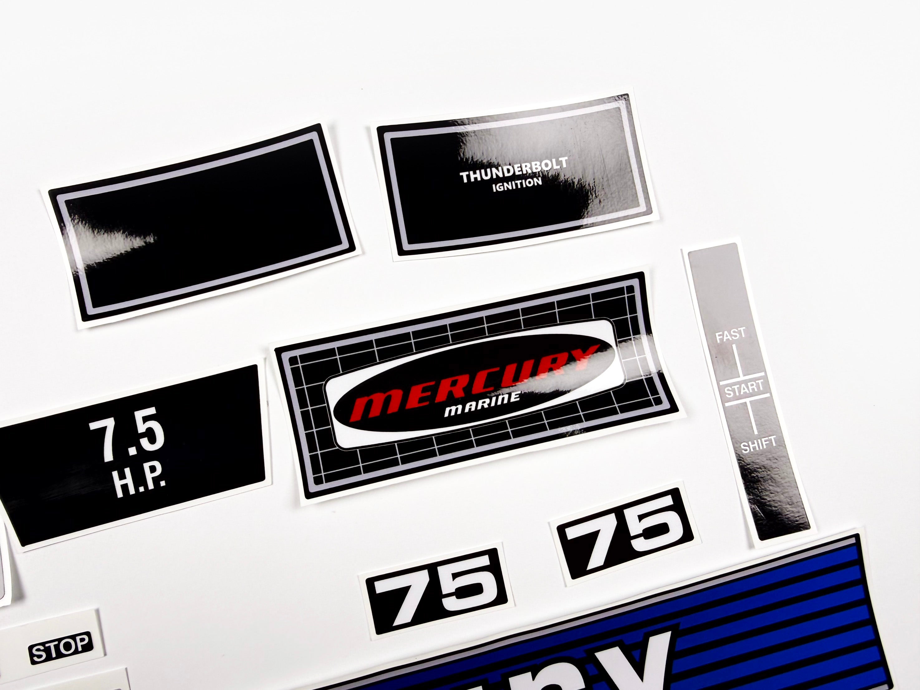 Vinyl graphic retro decals set suitable for Mercury 7.5 hp outboard engine. Vinyl stickers kit for Mercury 7.5 hp Handmade