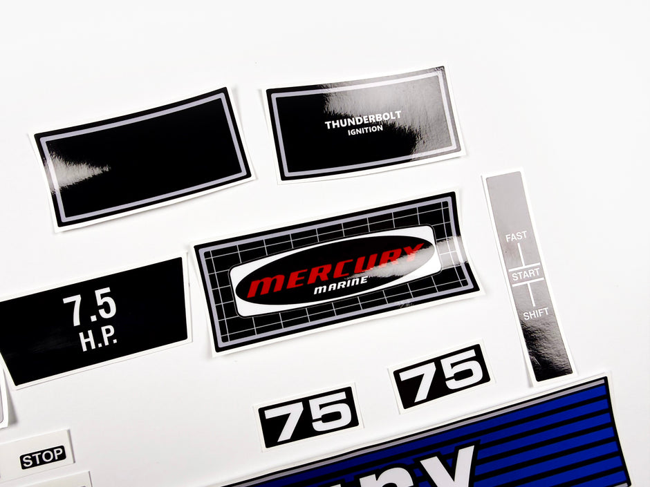 Vinyl graphic retro decals set suitable for Mercury 7.5 hp outboard engine. Vinyl stickers kit for Mercury 7.5 hp Handmade