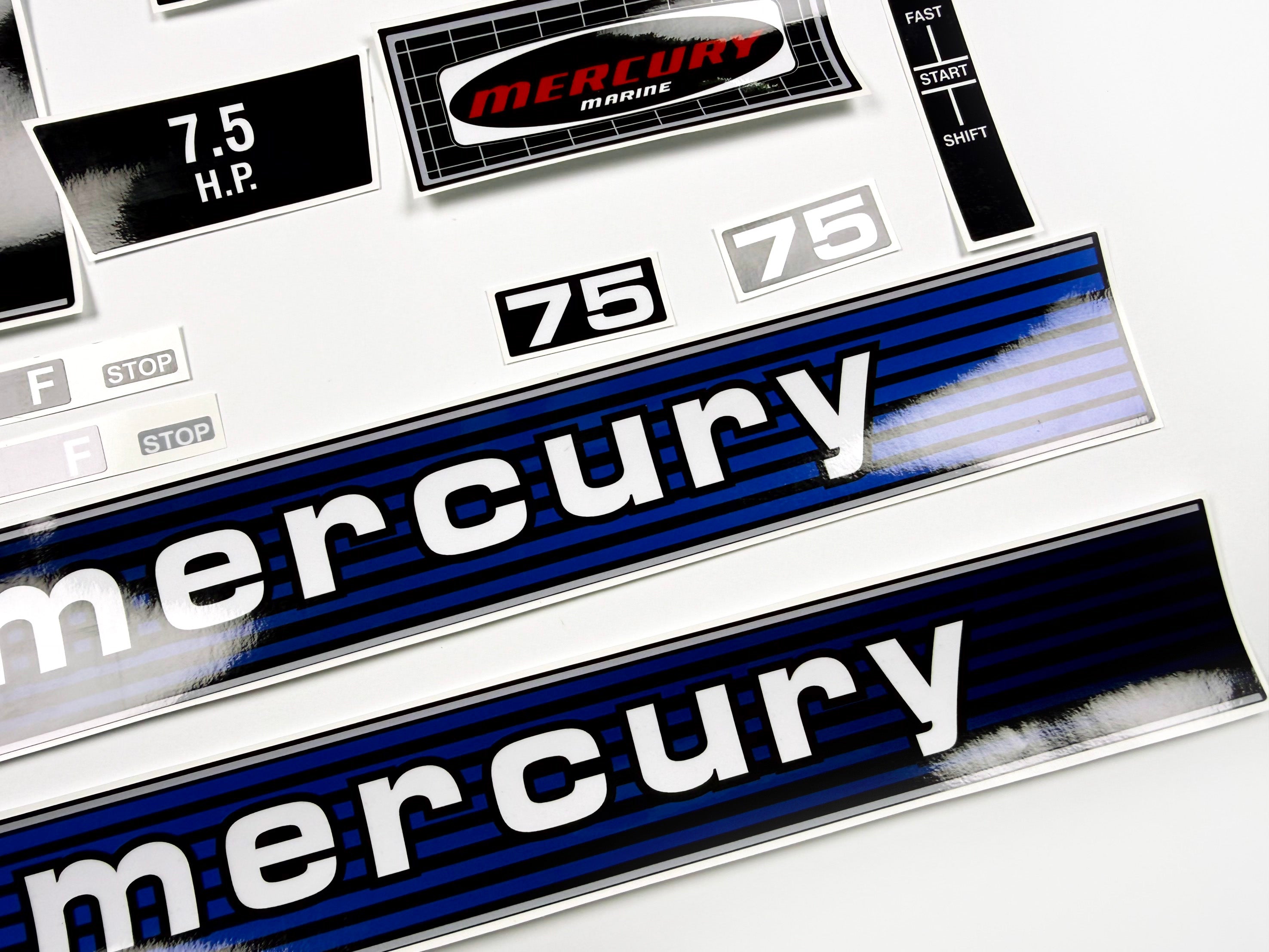 Vinyl graphic retro decals set suitable for Mercury 7.5 hp outboard engine. Vinyl stickers kit for Mercury 7.5 hp Handmade