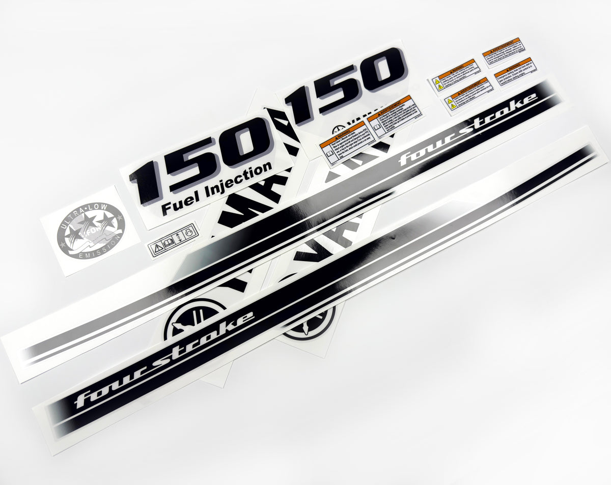 Vinyl black with clear film decals set suitable for Yamaha 150 hp four stroke outboard engine for white cover. Vinyl stickers kit for Yamaha 150 hp four stroke Handmade