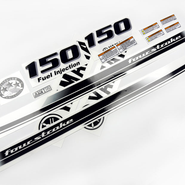 Vinyl black with clear film decals set suitable for Yamaha 150 hp four stroke outboard engine for white cover. Vinyl stickers kit for Yamaha 150 hp four stroke Handmade