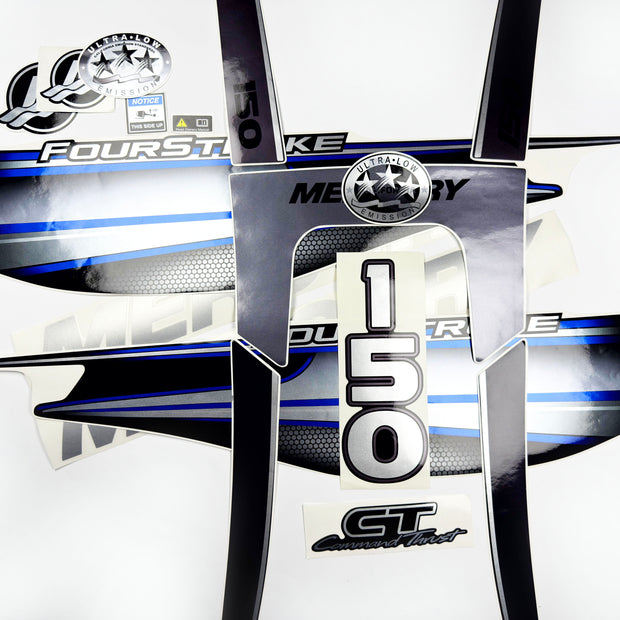 Vinyl graphic silver shimmer blue decals set suitable for Mercury 150 hp four stroke outboard engine. Vinyl silver shimmer stickers kit for Mercury 150 hp four stroke Handmade