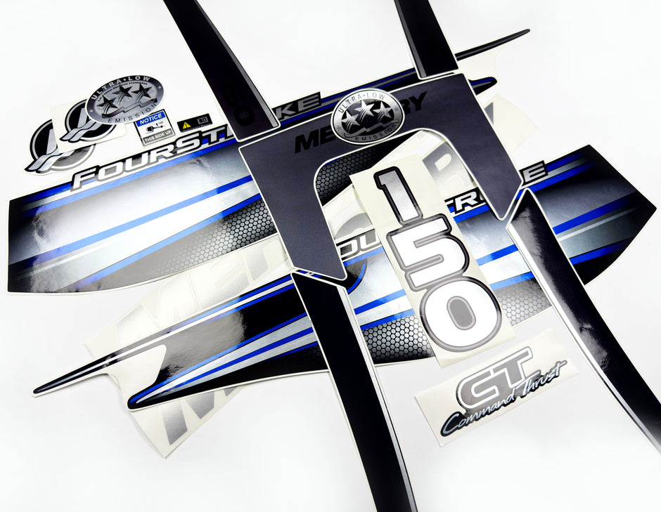 Vinyl graphic silver shimmer blue decals set suitable for Mercury 150 hp four stroke outboard engine. Vinyl silver shimmer stickers kit for Mercury 150 hp four stroke Handmade