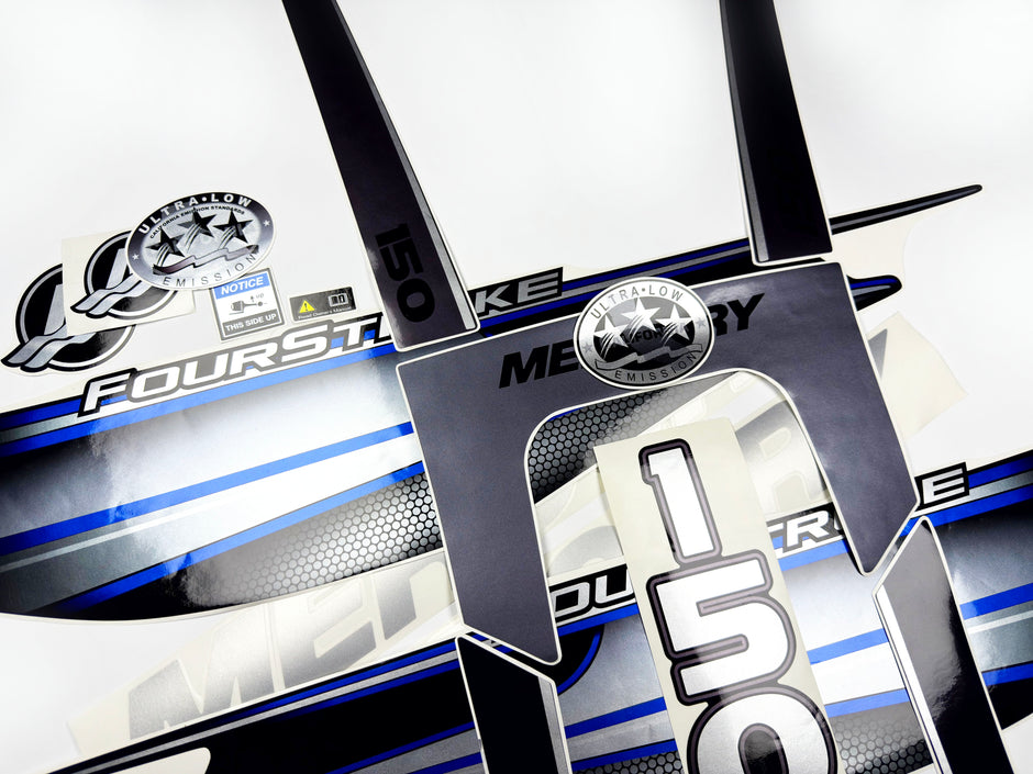 Vinyl graphic silver shimmer blue decals set suitable for Mercury 150 hp four stroke outboard engine. Vinyl silver shimmer stickers kit for Mercury 150 hp four stroke Handmade
