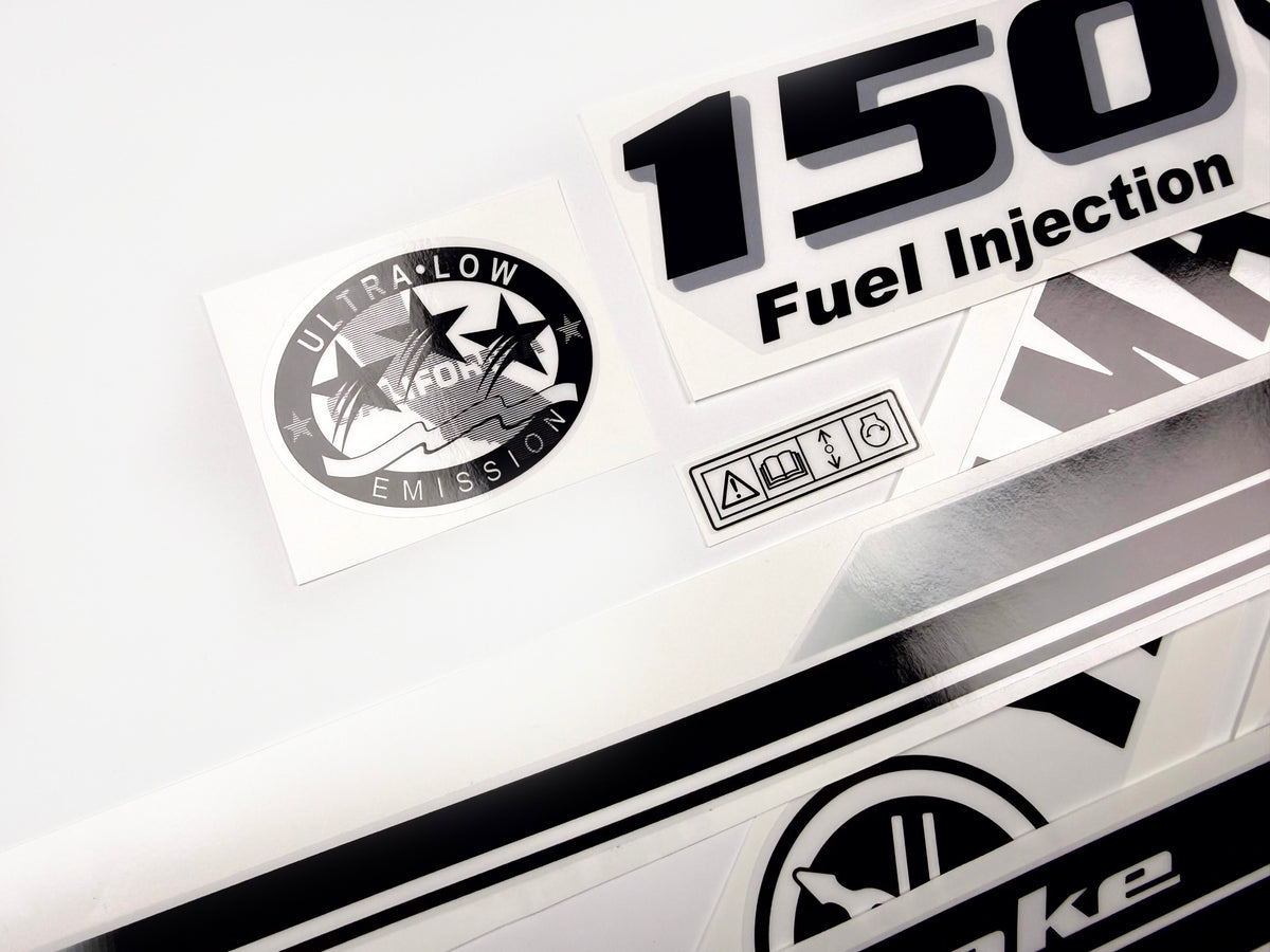 Vinyl black with clear film decals set suitable for Yamaha 150 hp four stroke outboard engine for white cover. Vinyl stickers kit for Yamaha 150 hp four stroke Handmade