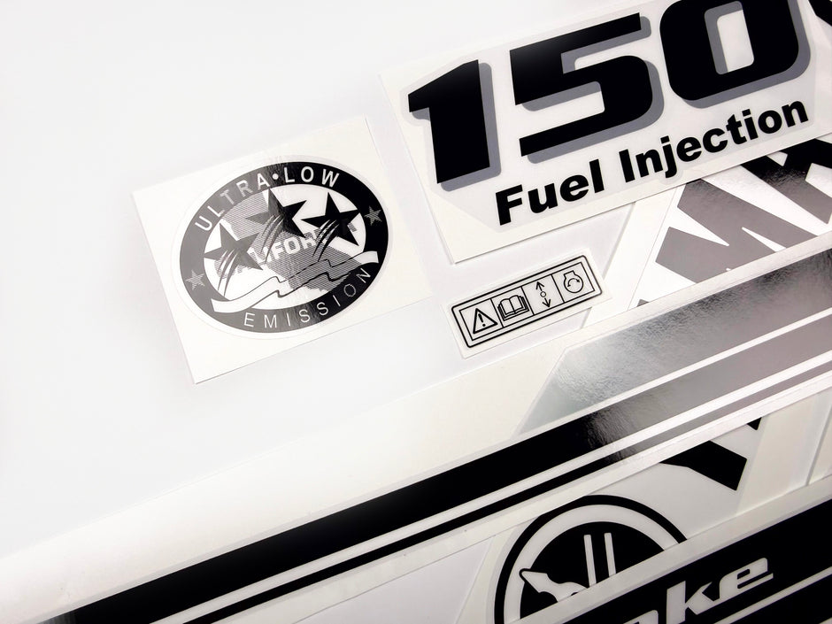Vinyl black with clear film decals set suitable for Yamaha 150 hp four stroke outboard engine for white cover. Vinyl stickers kit for Yamaha 150 hp four stroke Handmade