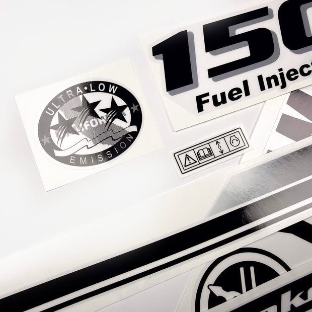 Vinyl black with clear film decals set suitable for Yamaha 150 hp four stroke outboard engine for white cover. Vinyl stickers kit for Yamaha 150 hp four stroke Handmade