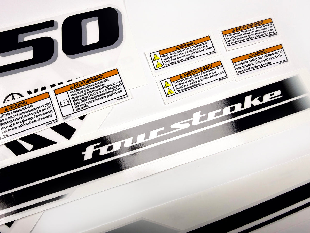 Vinyl black with clear film decals set suitable for Yamaha 150 hp four stroke outboard engine for white cover. Vinyl stickers kit for Yamaha 150 hp four stroke Handmade