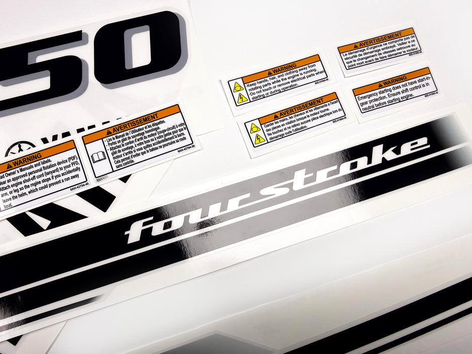 Vinyl black with clear film decals set suitable for Yamaha 150 hp four stroke outboard engine for white cover. Vinyl stickers kit for Yamaha 150 hp four stroke Handmade