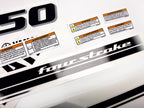 Vinyl black with clear film decals set suitable for Yamaha 150 hp four stroke outboard engine for white cover. Vinyl stickers kit for Yamaha 150 hp four stroke Handmade