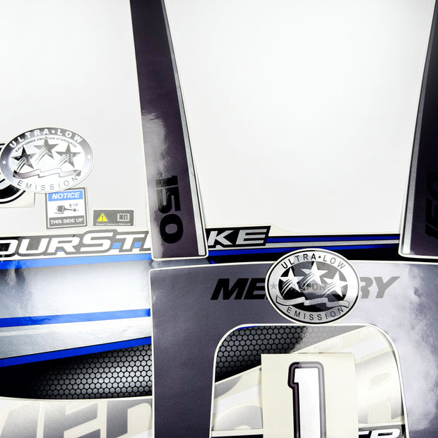 Vinyl graphic silver shimmer blue decals set suitable for Mercury 150 hp four stroke outboard engine. Vinyl silver shimmer stickers kit for Mercury 150 hp four stroke Handmade