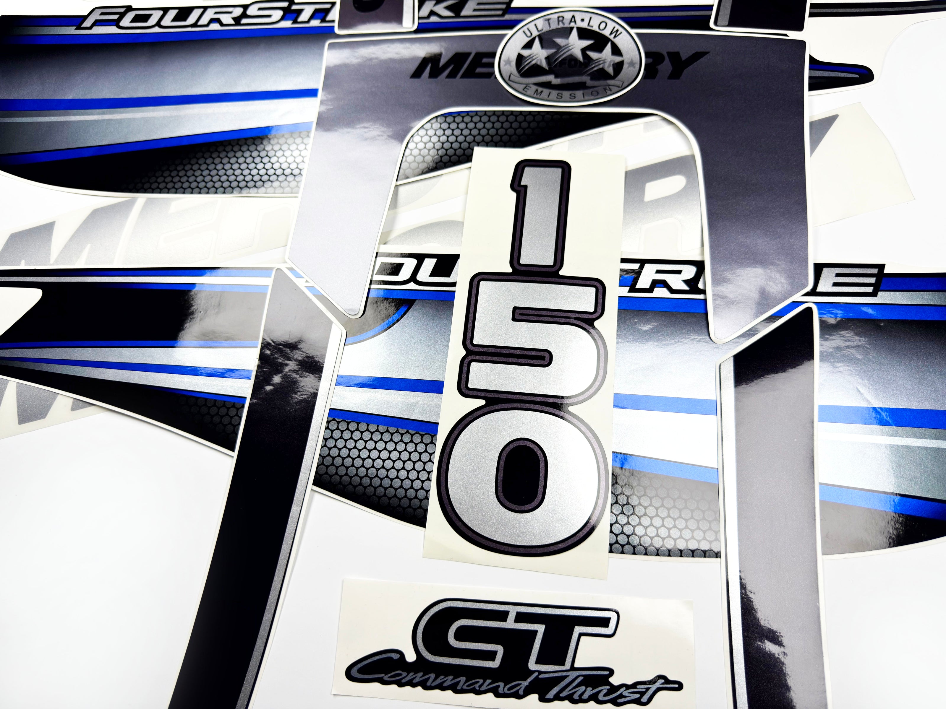 Vinyl graphic silver shimmer blue decals set suitable for Mercury 150 hp four stroke outboard engine. Vinyl silver shimmer stickers kit for Mercury 150 hp four stroke Handmade