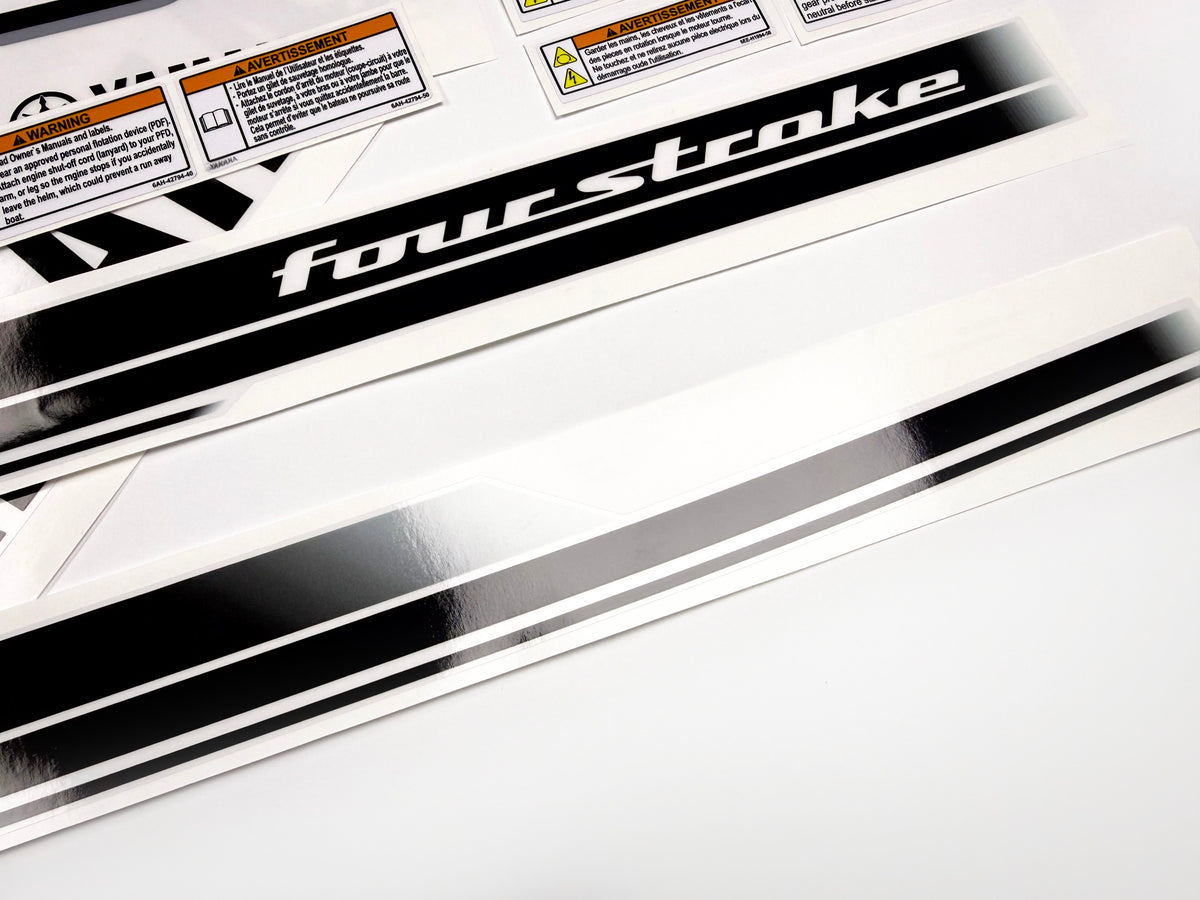 Vinyl black with clear film decals set suitable for Yamaha 200 hp four stroke outboard engine for white cover. Vinyl stickers kit for Yamaha 200 hp four stroke Handmade