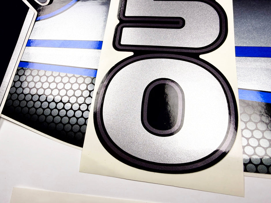 Vinyl graphic silver shimmer blue decals set suitable for Mercury 150 hp four stroke outboard engine. Vinyl silver shimmer stickers kit for Mercury 150 hp four stroke Handmade