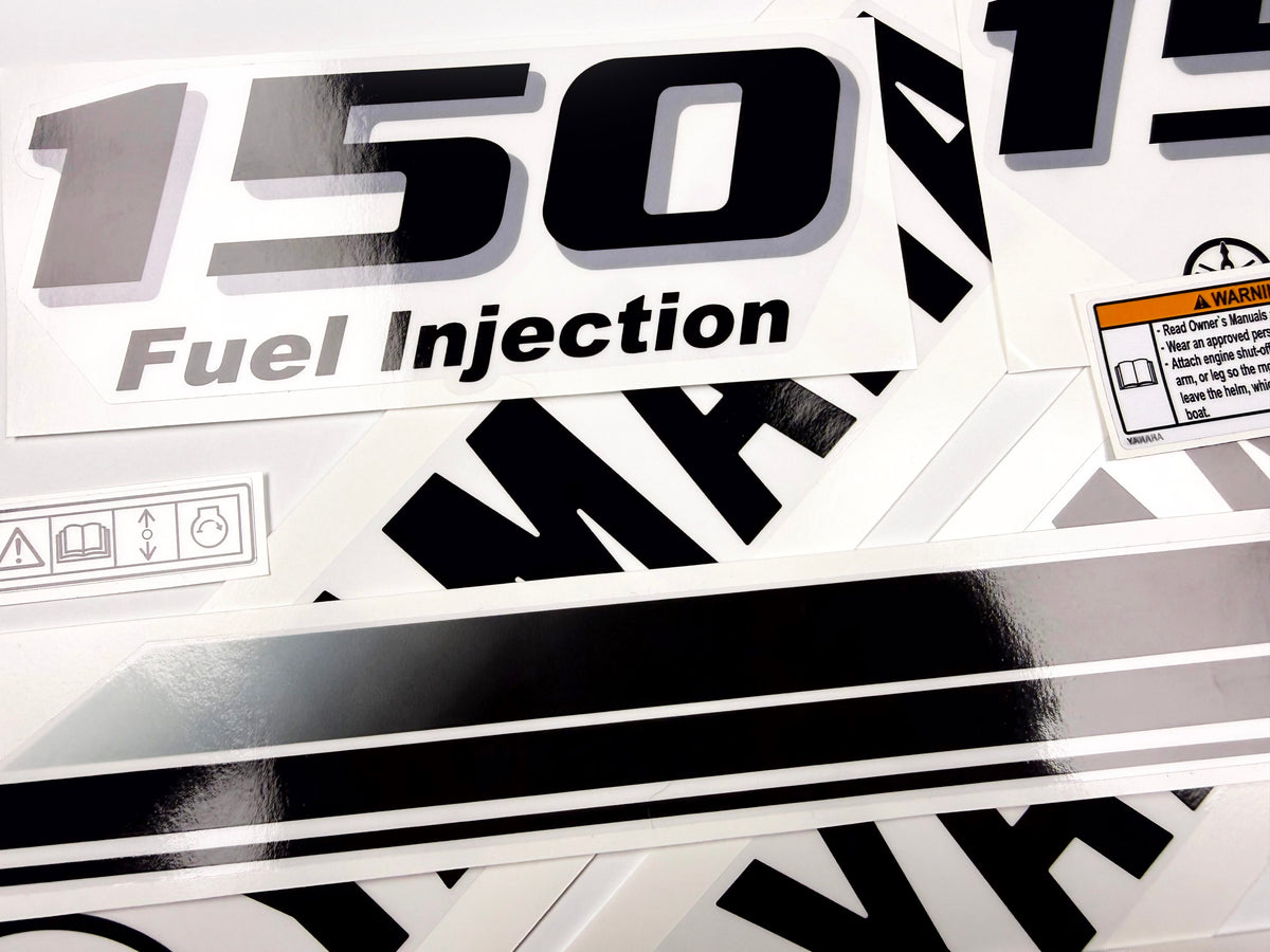 Vinyl black with clear film decals set suitable for Yamaha 150 hp four stroke outboard engine for white cover. Vinyl stickers kit for Yamaha 150 hp four stroke Handmade