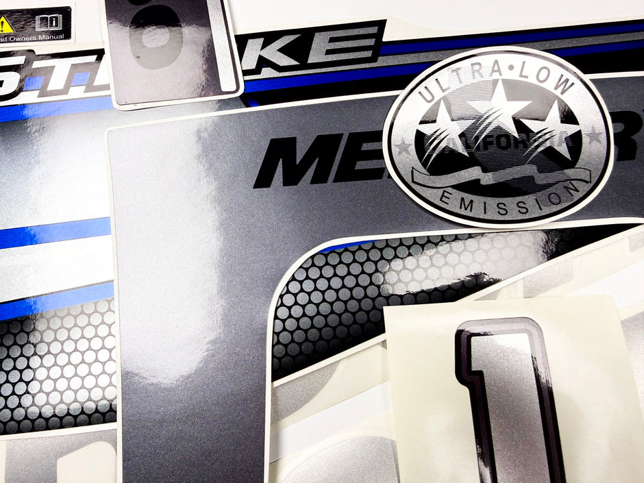 Vinyl graphic silver shimmer blue decals set suitable for Mercury 150 hp four stroke outboard engine. Vinyl silver shimmer stickers kit for Mercury 150 hp four stroke Handmade