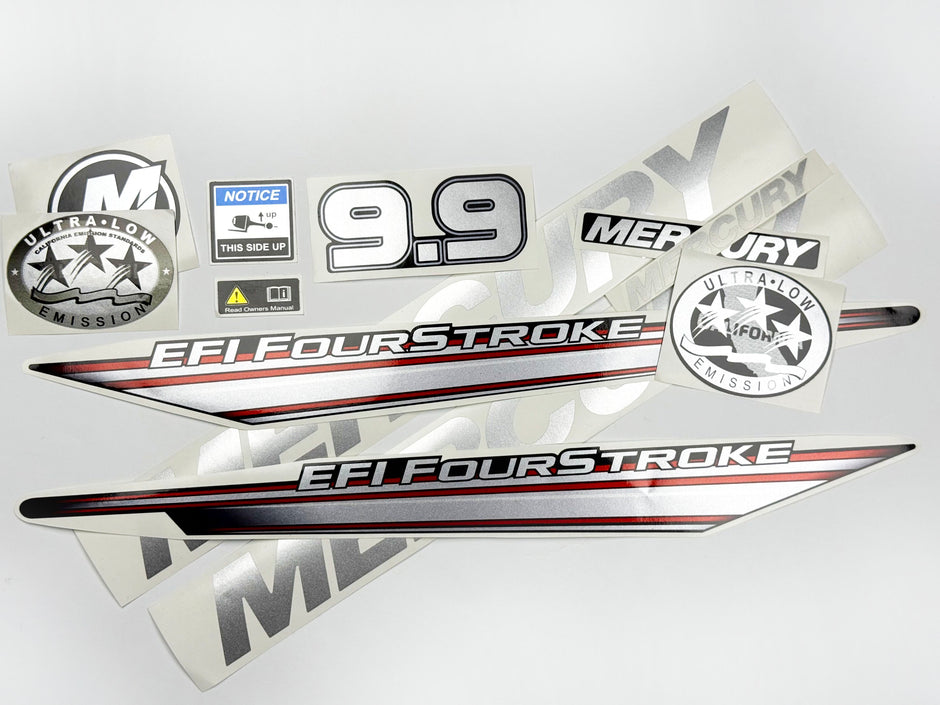 Vinyl graphic silver shimmer decals set suitable for Mercury 9.9 hp four stroke EFI outboard engine. Vinyl silver shimmer stickers kit for Mercury 9.9 hp four stroke Handmade