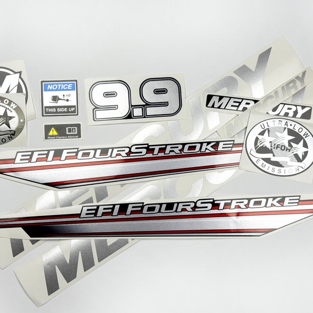 Vinyl graphic silver shimmer decals set suitable for Mercury 9.9 hp four stroke EFI outboard engine. Vinyl silver shimmer stickers kit for Mercury 9.9 hp four stroke Handmade