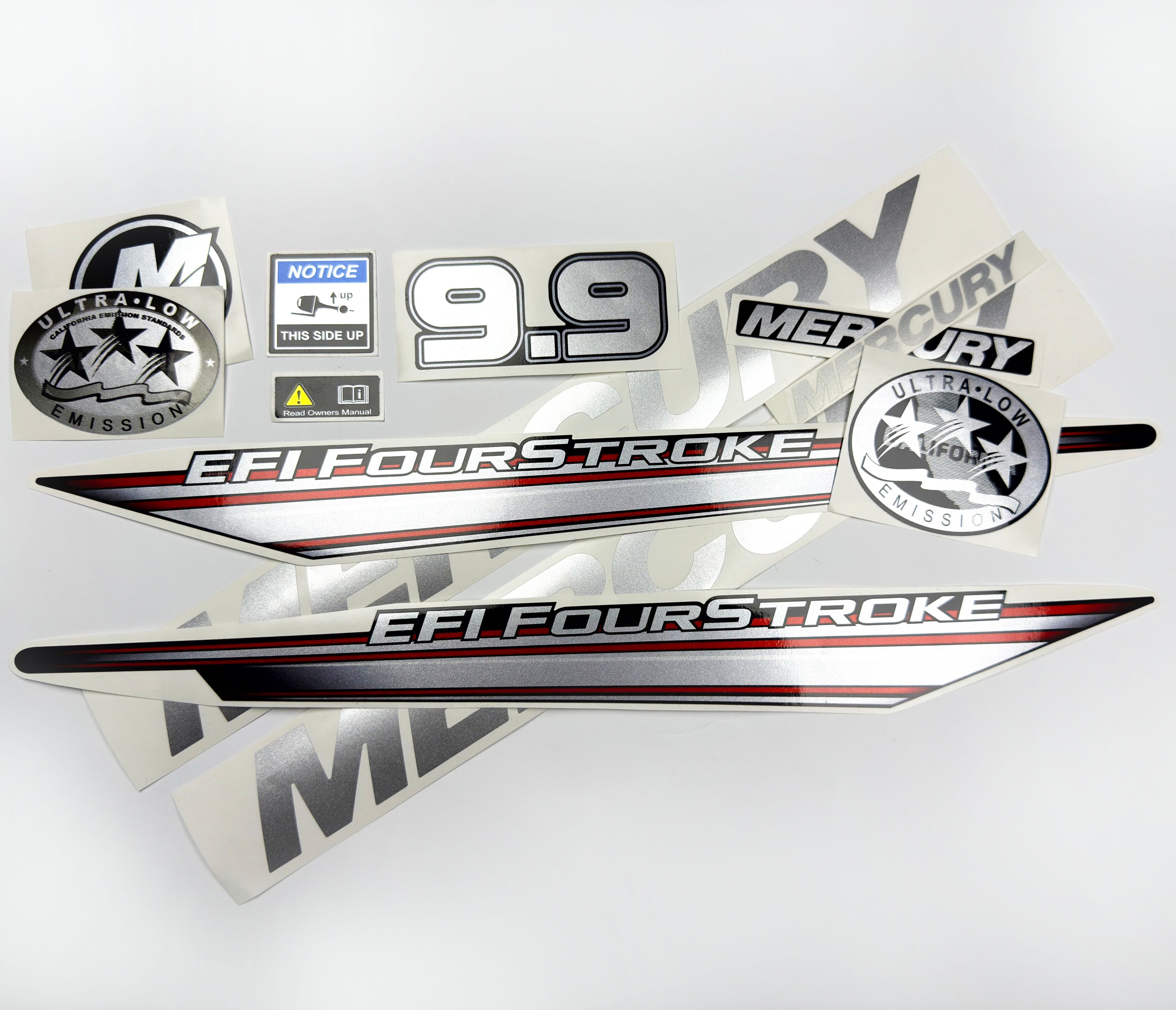 Vinyl graphic silver shimmer decals set suitable for Mercury 9.9 hp four stroke EFI outboard engine. Vinyl silver shimmer stickers kit for Mercury 9.9 hp four stroke Handmade