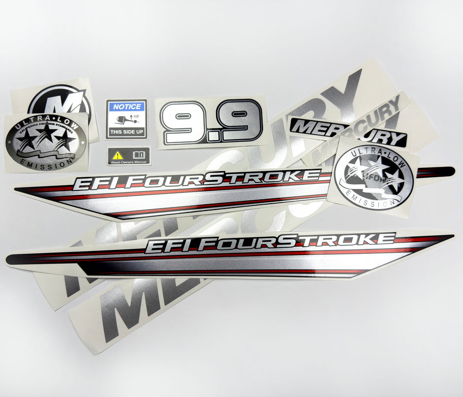Vinyl graphic silver shimmer decals set suitable for Mercury 9.9 hp four stroke EFI outboard engine. Vinyl silver shimmer stickers kit for Mercury 9.9 hp four stroke Handmade