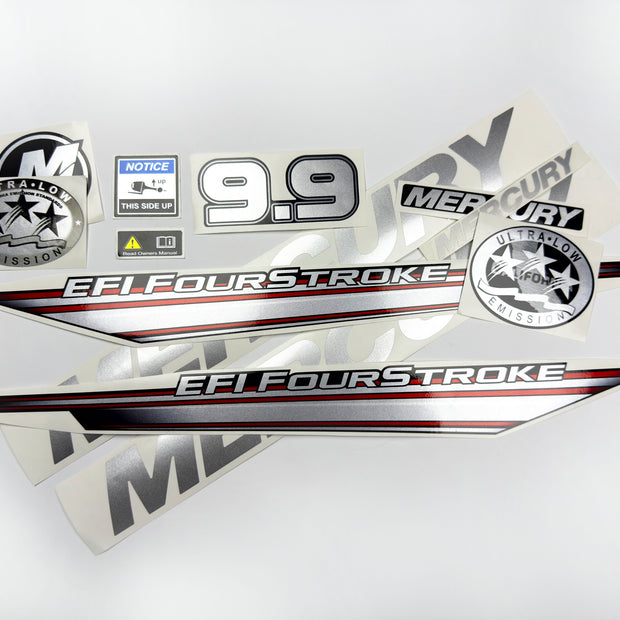 Vinyl graphic silver shimmer decals set suitable for Mercury 9.9 hp four stroke EFI outboard engine. Vinyl silver shimmer stickers kit for Mercury 9.9 hp four stroke Handmade