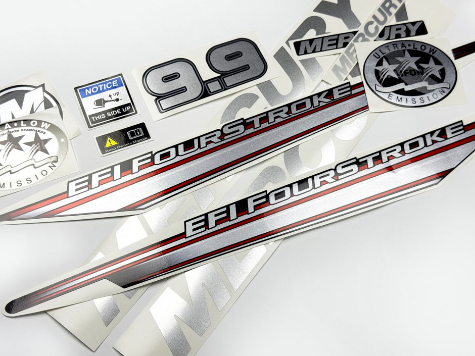 Vinyl graphic silver shimmer decals set suitable for Mercury 9.9 hp four stroke EFI outboard engine. Vinyl silver shimmer stickers kit for Mercury 9.9 hp four stroke Handmade