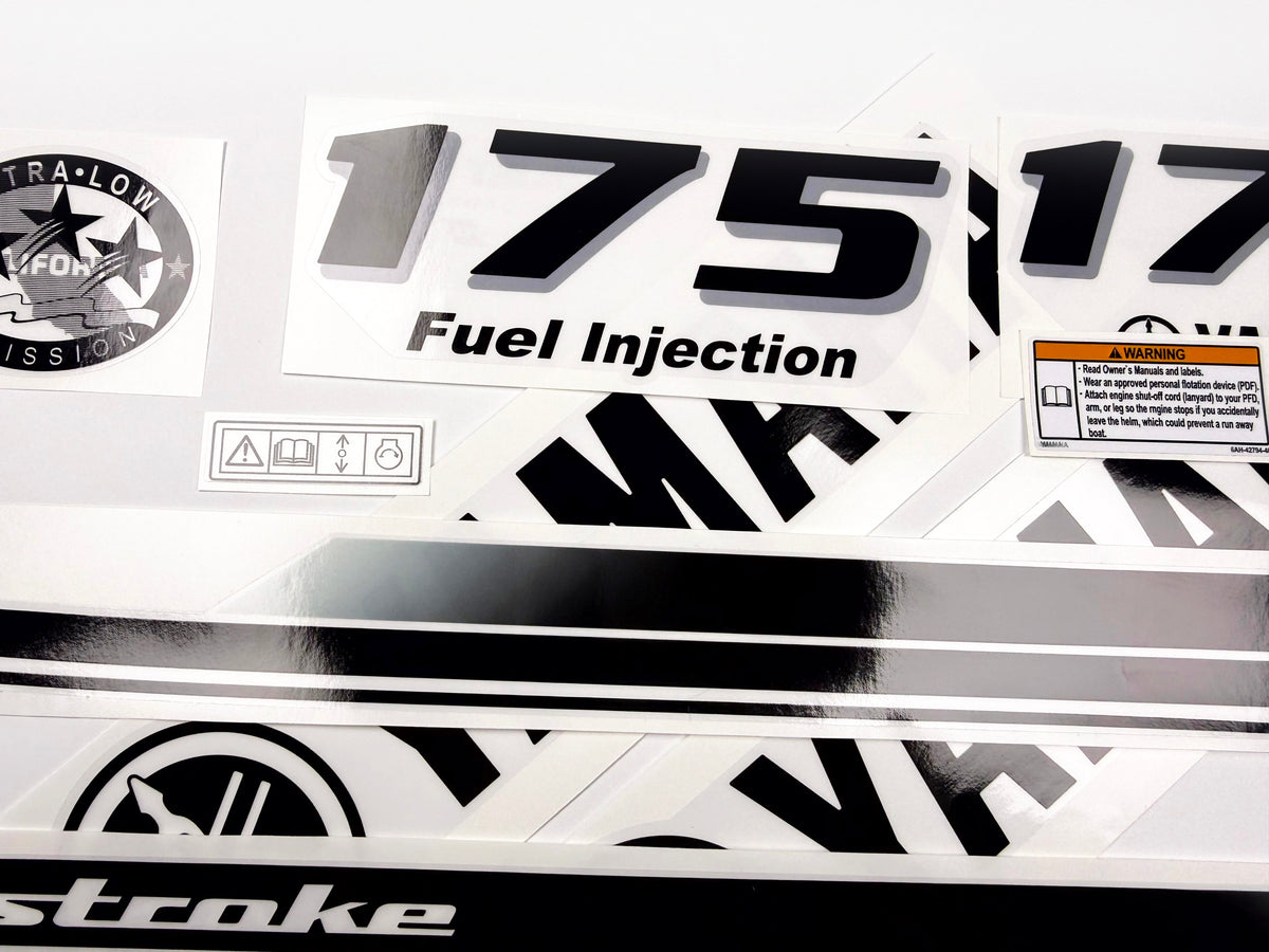 Vinyl black with clear film decals set suitable for Yamaha 175 hp four stroke outboard engine for white cover. Vinyl stickers kit for Yamaha 175 hp four stroke Handmade