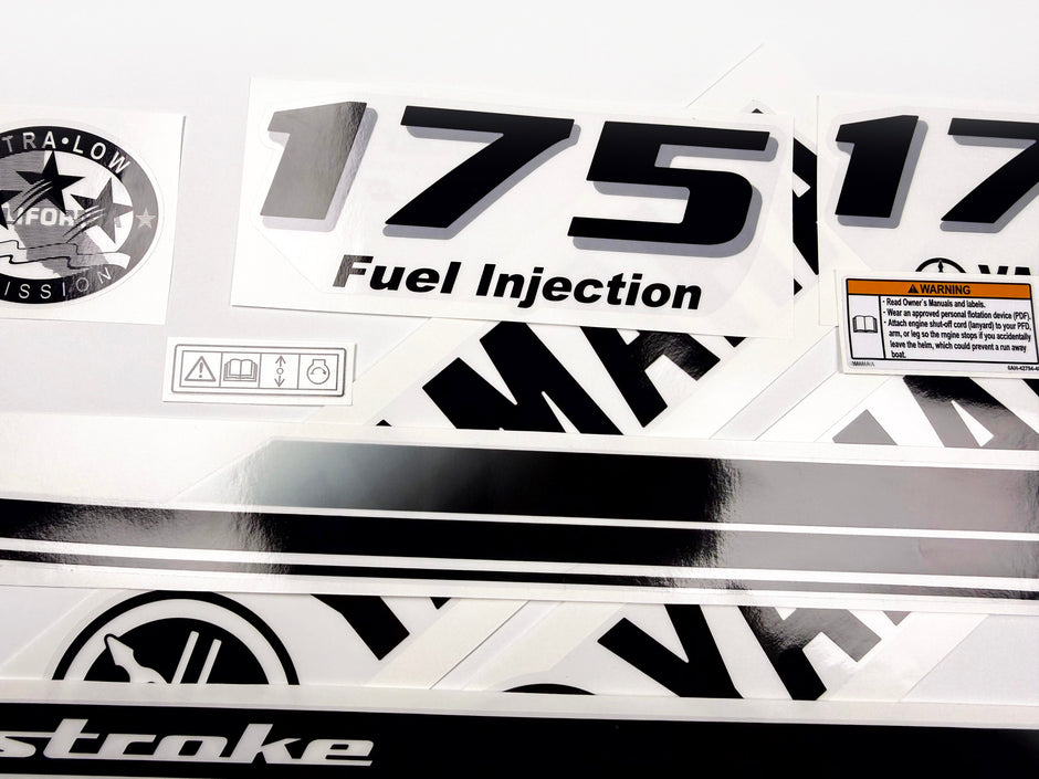 Vinyl black with clear film decals set suitable for Yamaha 175 hp four stroke outboard engine for white cover. Vinyl stickers kit for Yamaha 175 hp four stroke Handmade