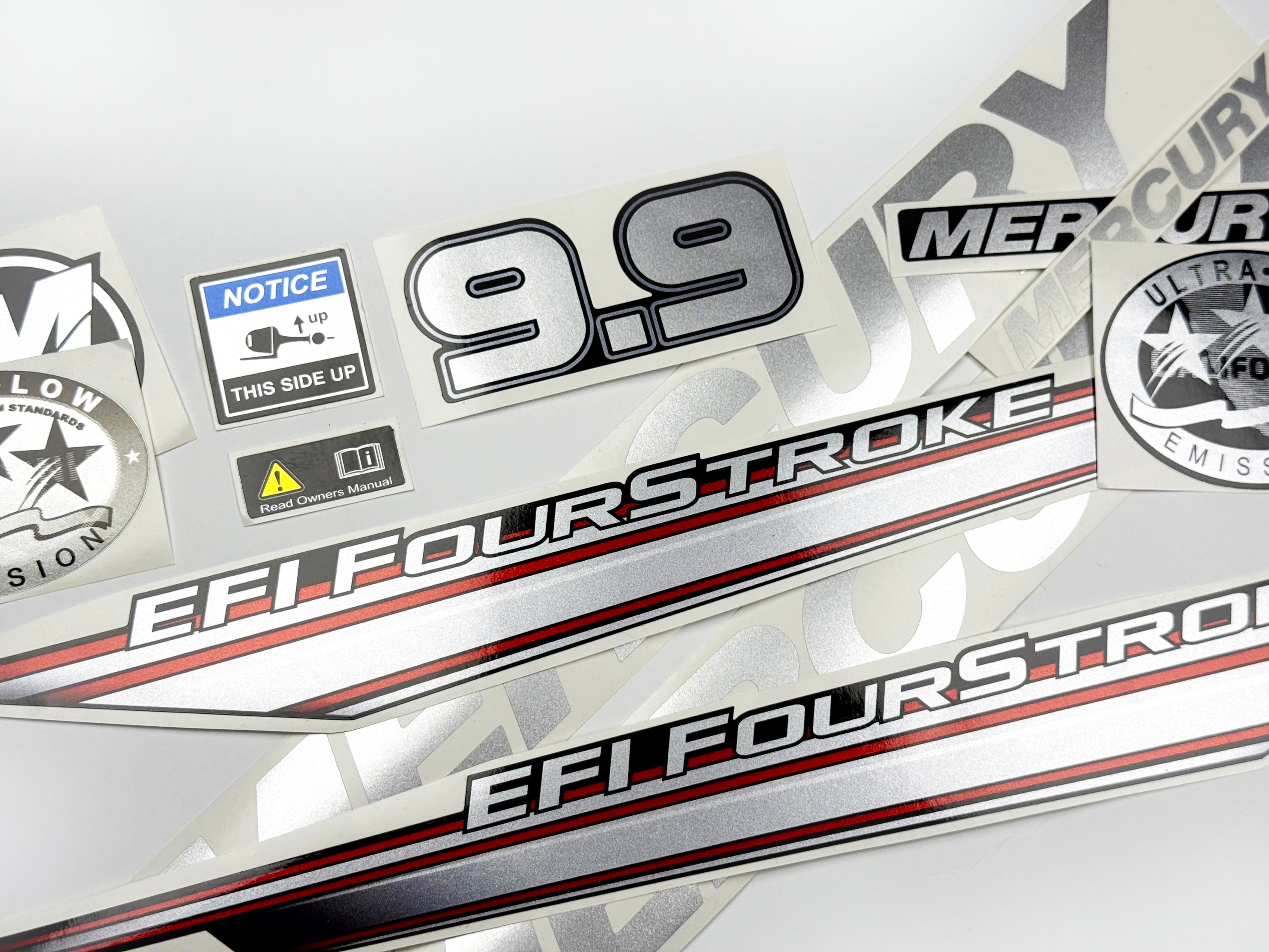 Vinyl graphic silver shimmer decals set suitable for Mercury 9.9 hp four stroke EFI outboard engine. Vinyl silver shimmer stickers kit for Mercury 9.9 hp four stroke Handmade