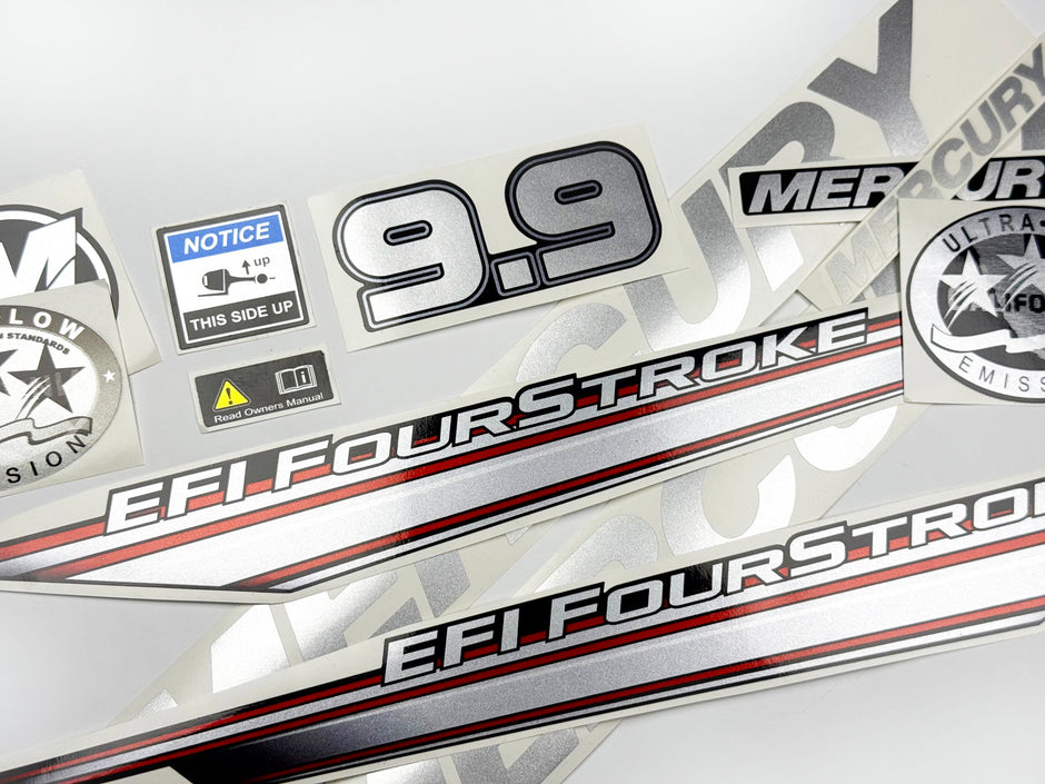 Vinyl graphic silver shimmer decals set suitable for Mercury 9.9 hp four stroke EFI outboard engine. Vinyl silver shimmer stickers kit for Mercury 9.9 hp four stroke Handmade