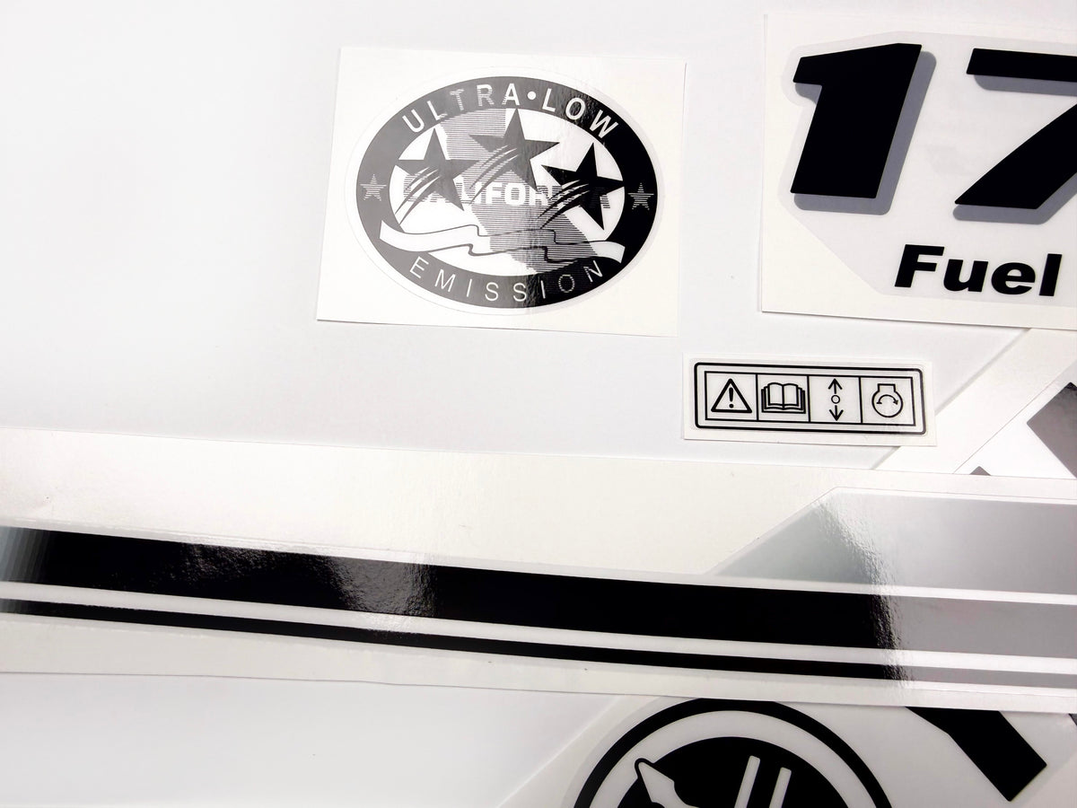 Vinyl black with clear film decals set suitable for Yamaha 175 hp four stroke outboard engine for white cover. Vinyl stickers kit for Yamaha 175 hp four stroke Handmade