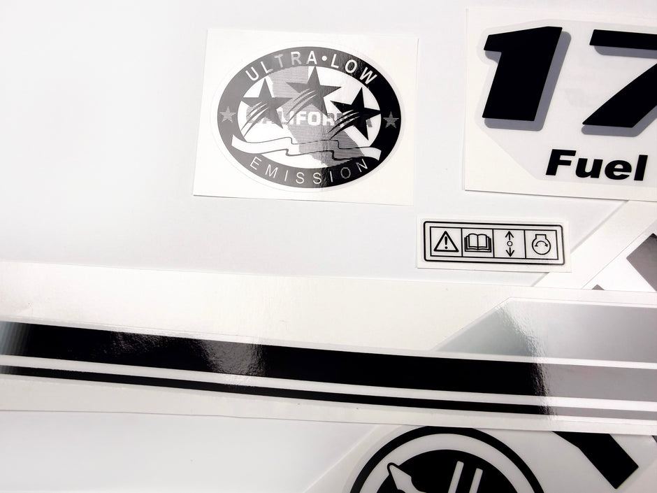 Vinyl black with clear film decals set suitable for Yamaha 175 hp four stroke outboard engine for white cover. Vinyl stickers kit for Yamaha 175 hp four stroke Handmade