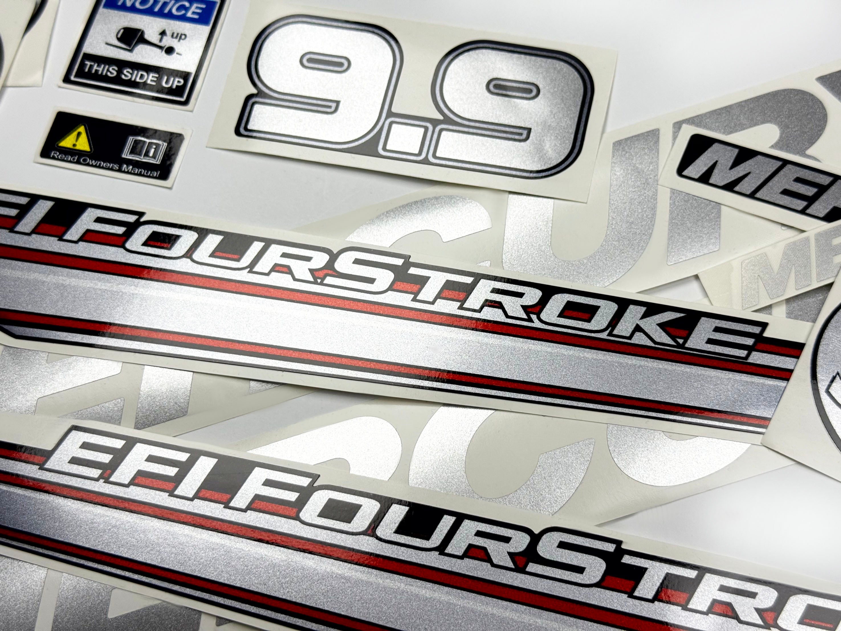 Vinyl graphic silver shimmer decals set suitable for Mercury 9.9 hp four stroke EFI outboard engine. Vinyl silver shimmer stickers kit for Mercury 9.9 hp four stroke Handmade