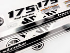 Vinyl black with clear film decals set suitable for Yamaha 175 hp four stroke outboard engine for white cover. Vinyl stickers kit for Yamaha 175 hp four stroke Handmade