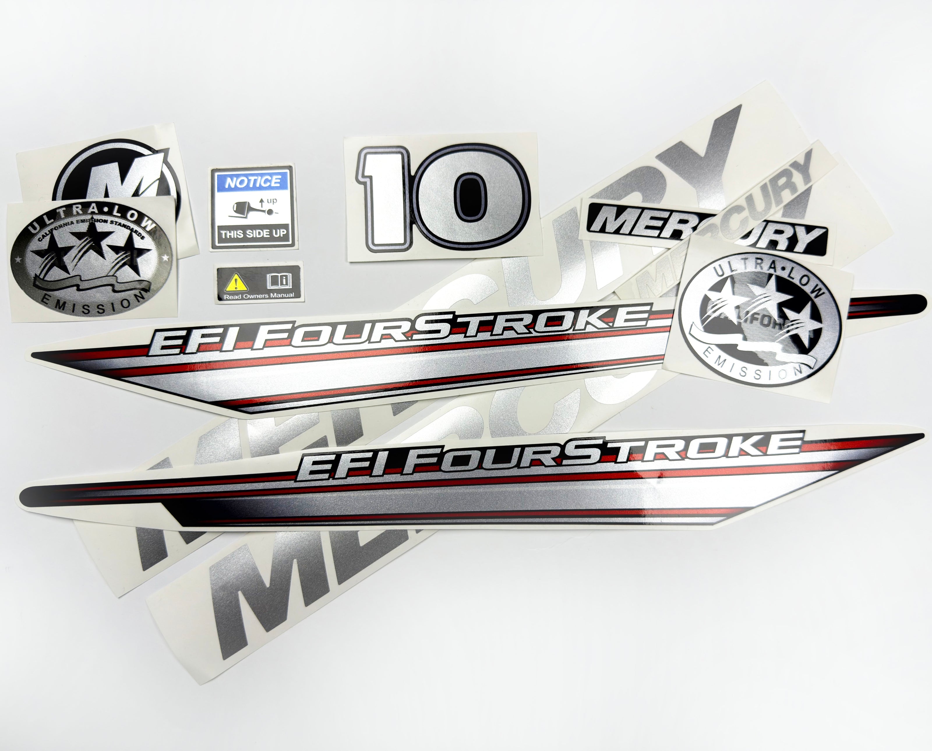 Vinyl graphic silver shimmer decals set suitable for Mercury 10 hp four stroke EFI outboard engine. Vinyl silver shimmer stickers kit for Mercury 10 hp four stroke Handmade