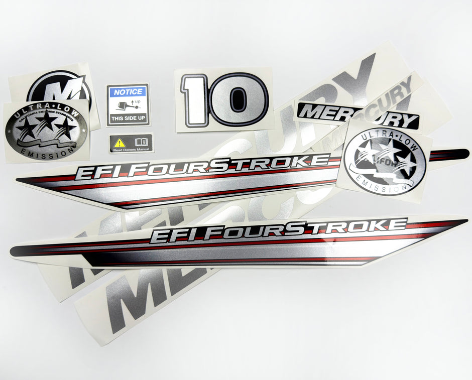 Vinyl graphic silver shimmer decals set suitable for Mercury 10 hp four stroke EFI outboard engine. Vinyl silver shimmer stickers kit for Mercury 10 hp four stroke Handmade