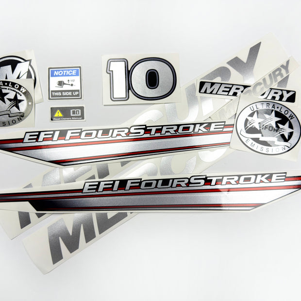 Vinyl graphic silver shimmer decals set suitable for Mercury 10 hp four stroke EFI outboard engine. Vinyl silver shimmer stickers kit for Mercury 10 hp four stroke Handmade