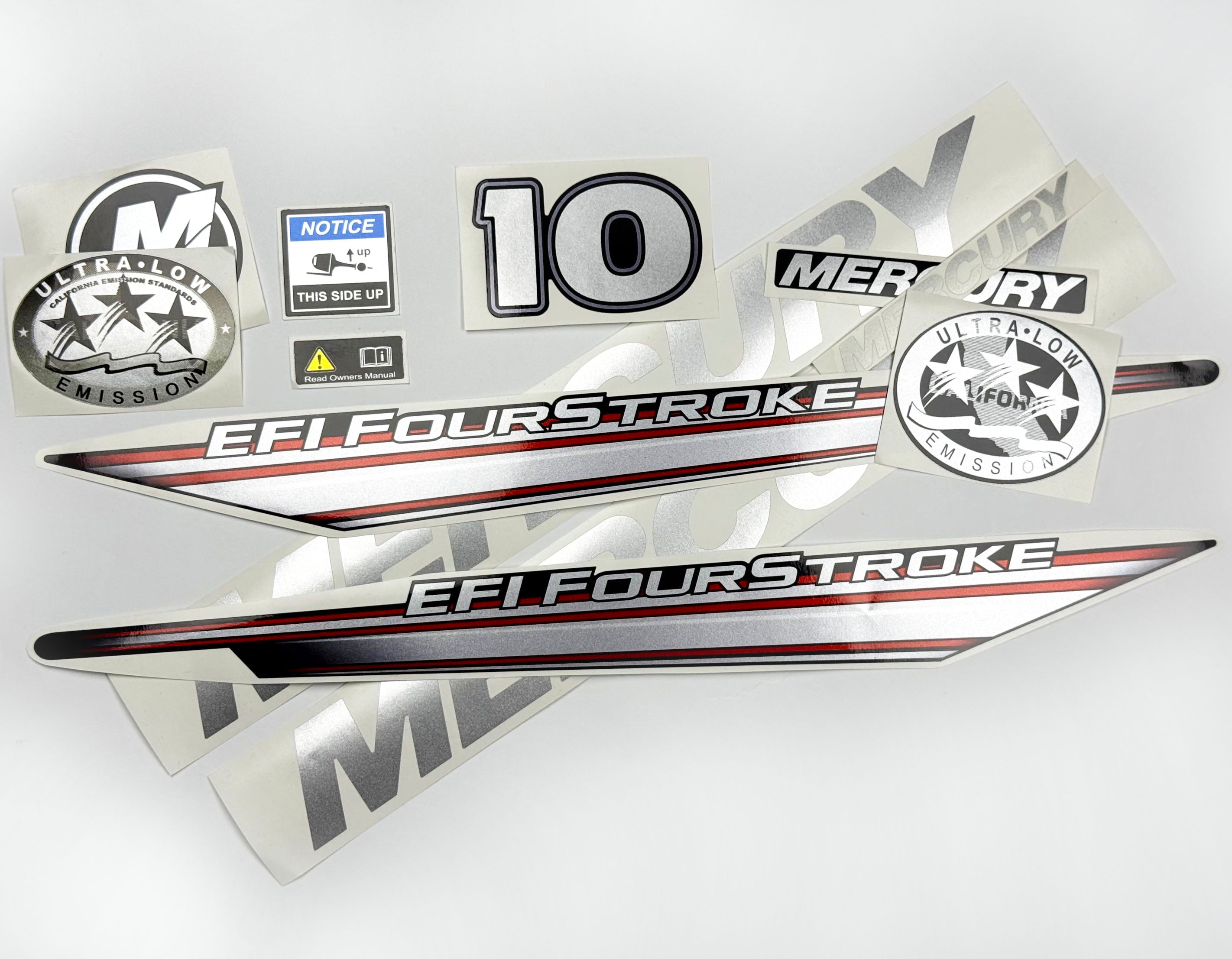 Vinyl graphic silver shimmer decals set suitable for Mercury 10 hp four stroke EFI outboard engine. Vinyl silver shimmer stickers kit for Mercury 10 hp four stroke Handmade