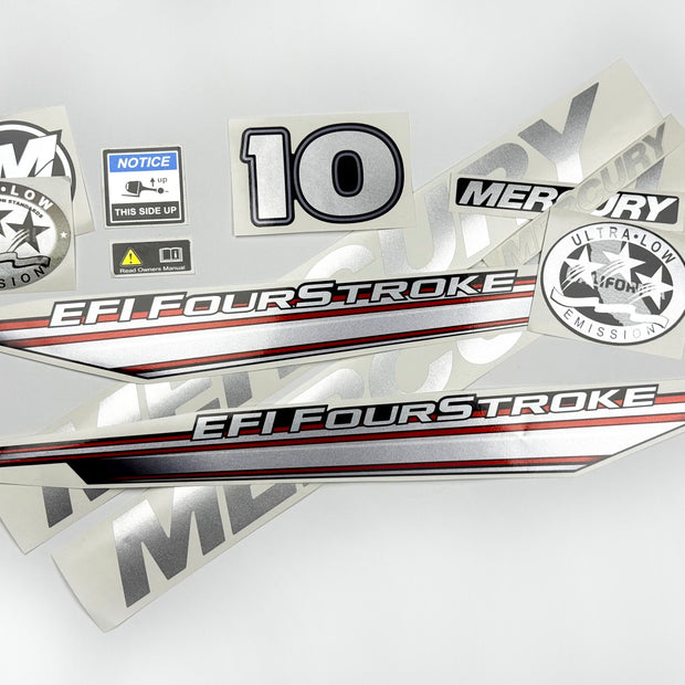 Vinyl graphic silver shimmer decals set suitable for Mercury 10 hp four stroke EFI outboard engine. Vinyl silver shimmer stickers kit for Mercury 10 hp four stroke Handmade
