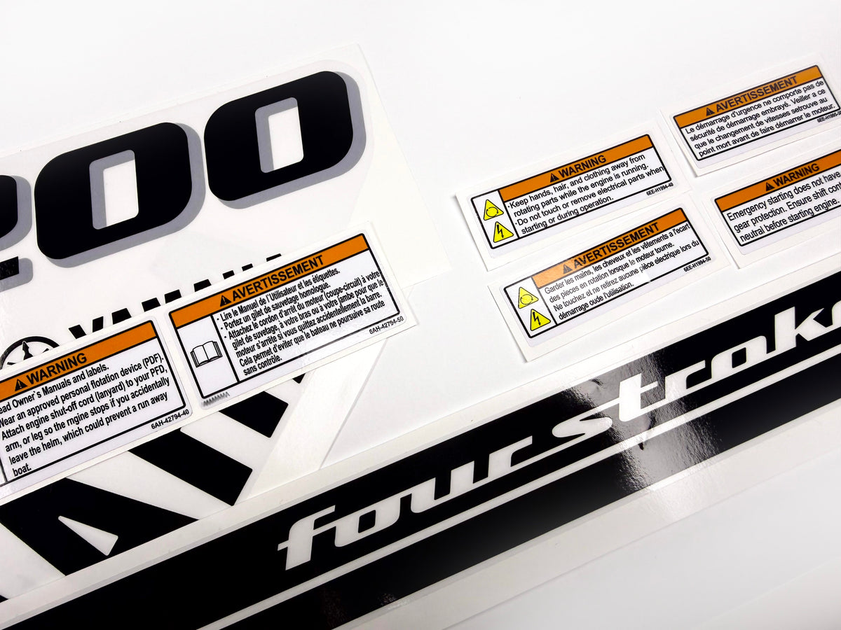 Vinyl black with clear film decals set suitable for Yamaha 200 hp four stroke outboard engine for white cover. Vinyl stickers kit for Yamaha 200 hp four stroke Handmade