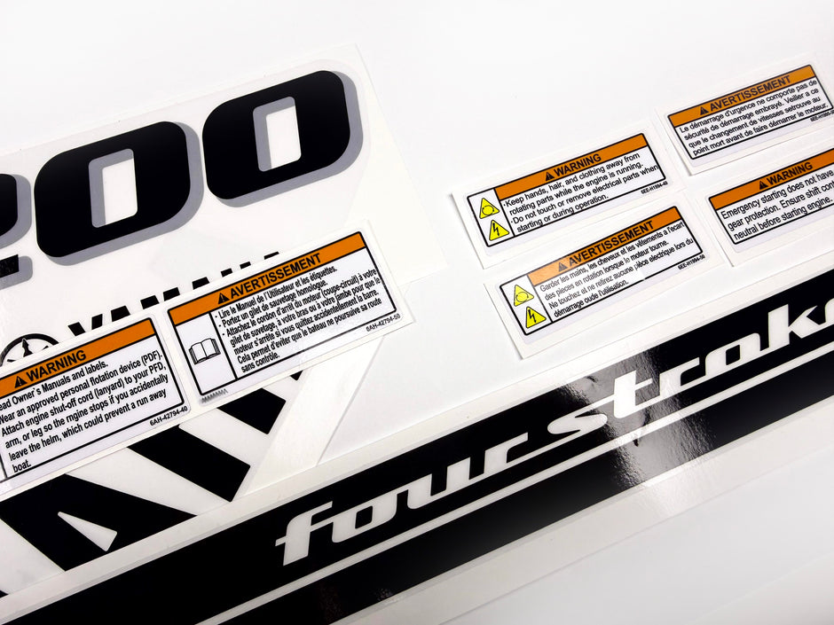 Vinyl black with clear film decals set suitable for Yamaha 200 hp four stroke outboard engine for white cover. Vinyl stickers kit for Yamaha 200 hp four stroke Handmade