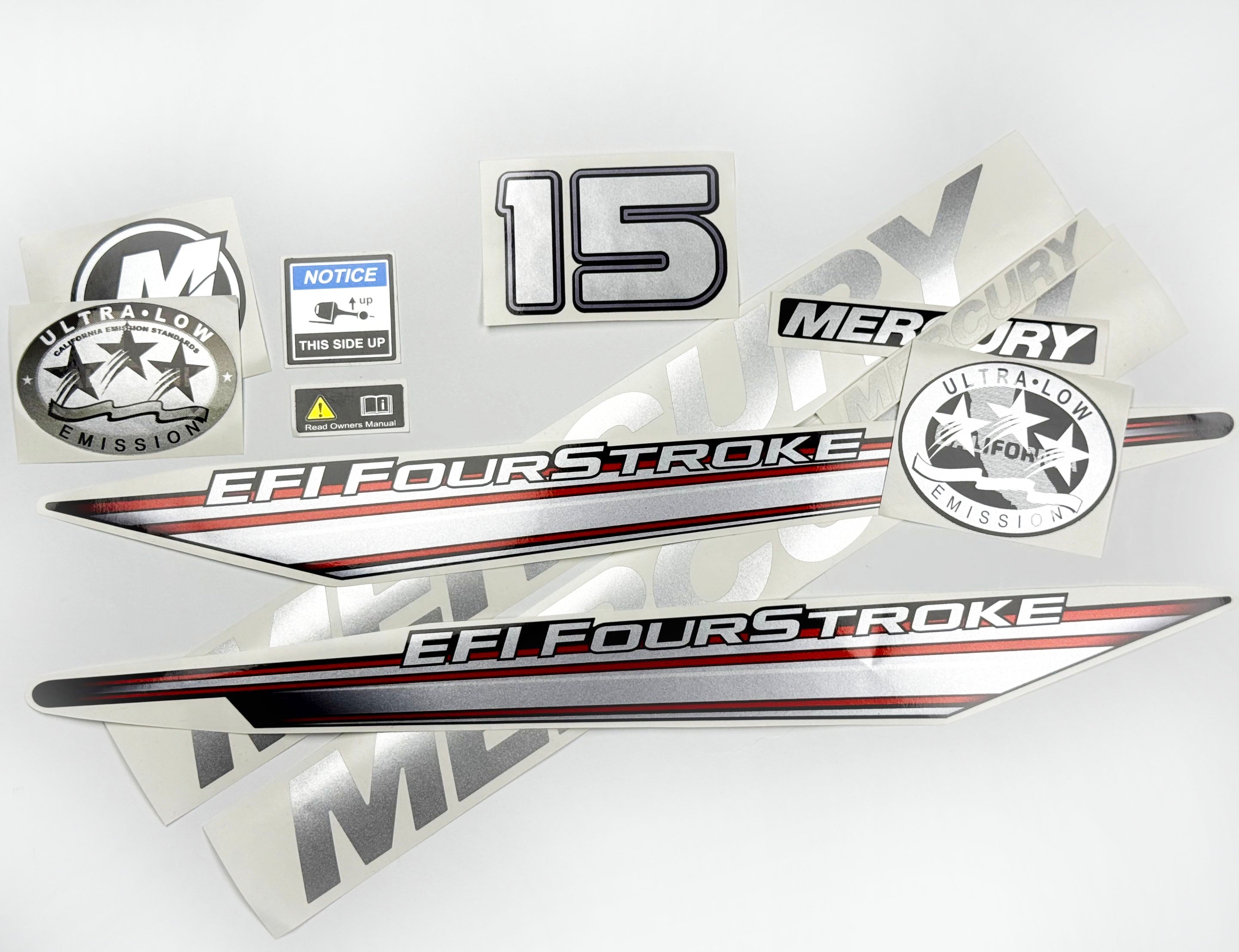 Vinyl graphic silver shimmer decals set suitable for Mercury 15 hp four stroke EFI outboard engine. Vinyl silver shimmer stickers kit for Mercury 15 hp four stroke Handmade
