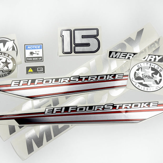Vinyl graphic silver shimmer decals set suitable for Mercury 15 hp four stroke EFI outboard engine. Vinyl silver shimmer stickers kit for Mercury 15 hp four stroke Handmade